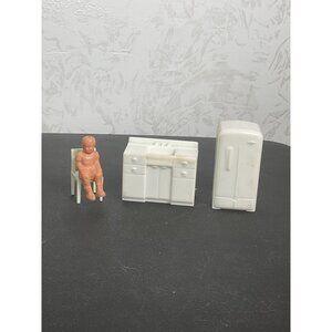 Vintage Miniature Dollhouse Kitchen Set Plastic Fridge Sink Unit & Chair